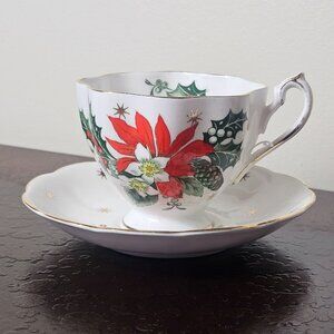 Queen Anne Noel Fine Bone China Teacup Saucer Set Poinsettia Christmas Holiday